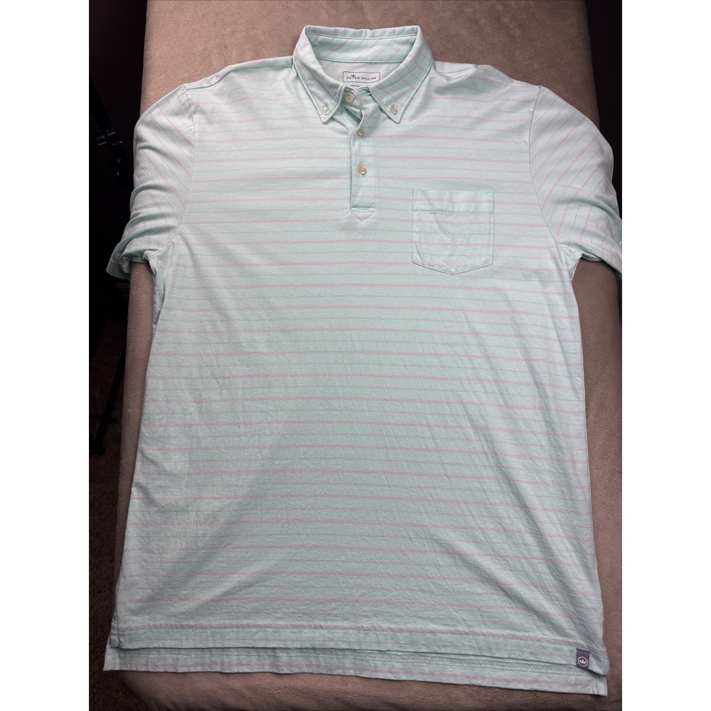 Peter Millar Polo Shirt Mens M Blue/Green Strips Seaside Wash S/S EUC 100% Pima